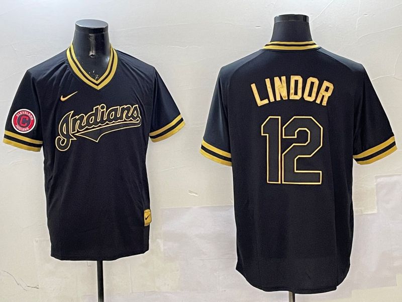 Men Cleveland Indians #12 Lindor Black Gold Game 2025 Nike MLB Jersey style 2->cleveland indians->MLB Jersey
